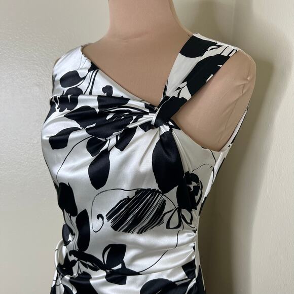 Maggy London Sheath Dress 8 Satin Black White Leaf Asymmetric Neck Cocktail Knee - Picture 4 of 9